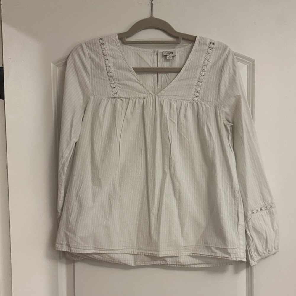 J. Crew White V-Neck Blouse with Subtle Stripes
